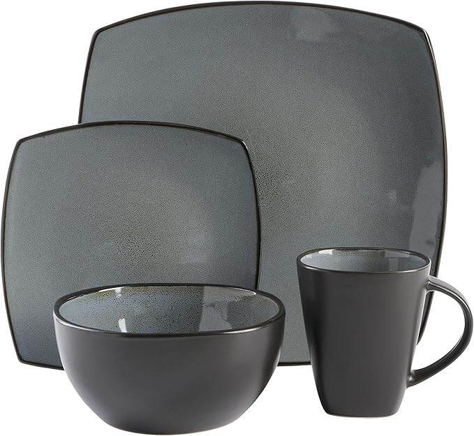 Gibson Elite Soho Lounge Square Reactive Glaze Stoneware Dinnerware Set Service for 4 (16pc) Eclipse