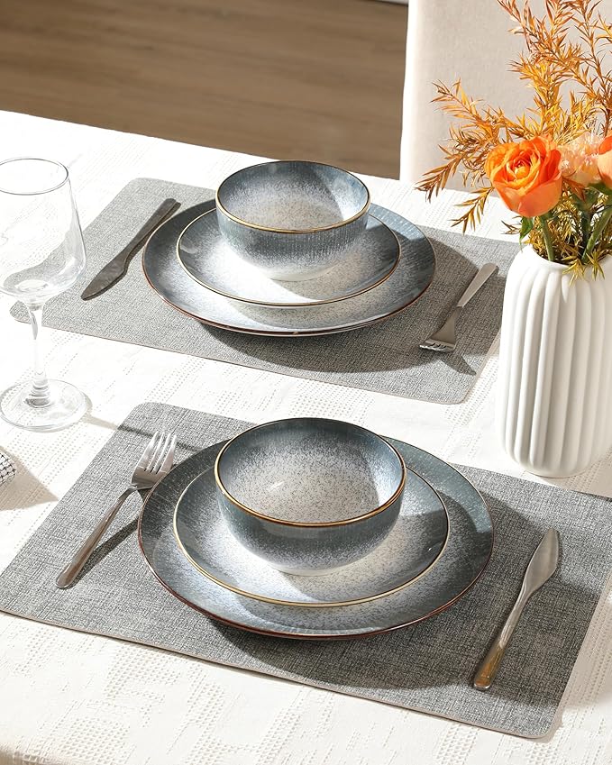 Sweejar Dinnerware Sets Service for 4 12 pcs Porcelain Plates and Bowls for Kitchen Housewaring Gift Chip and Scratch Resistant Dish Set Handmade Dishwasher and Microwave Safe Plate Set LightGray