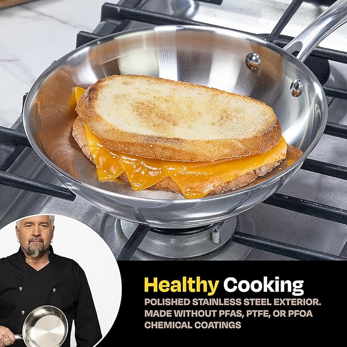 Guy Fieri's Flavortown 8 Stainless Steel Fry Pan - Premium Three-Layer Skillet Oven-Safe up to 500F