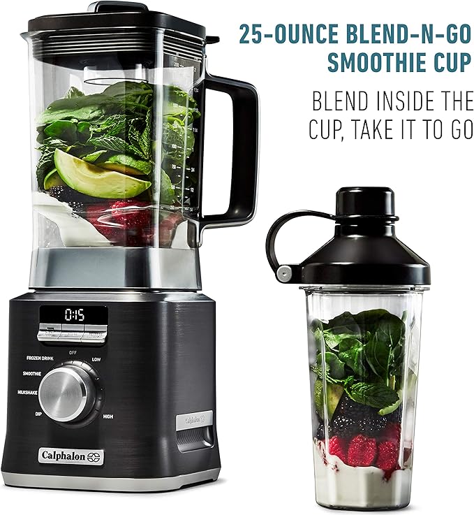 Calphalon Auto-Speed 68 Oz Blender with Blend-N-Go Smoothie Cup and BPA-free Tritan Jar | 1100-Watt Base Dark Stainless Steel