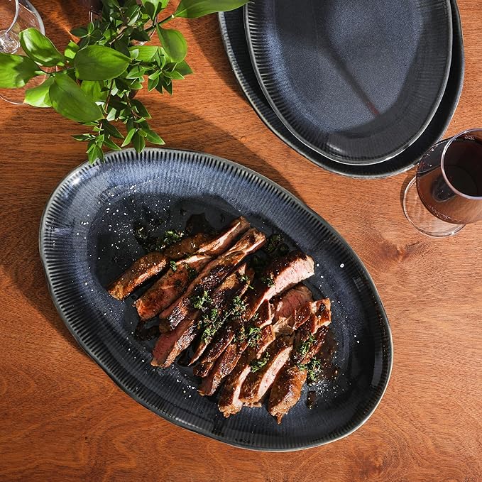 Gibson Elite Sandy Pines 3 Piece Oval Platter Set 15.7” 13.75” &amp 12” Stoneware Serving Platters Reactive Glaze Finish Blue Microwave &amp Dishwasher Safe