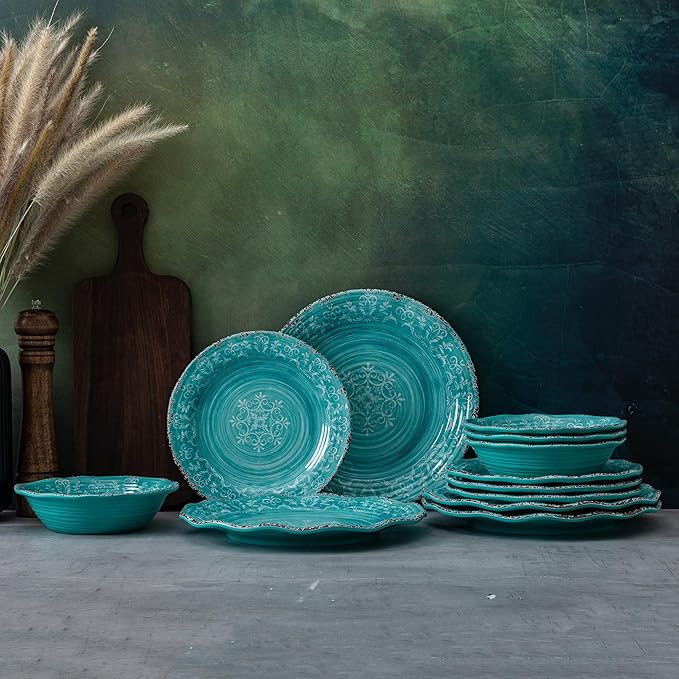 LEHAHA 12pcs Melamine Dinnerware Set .Service for 4 Farmhouse plates and bowls dishes sets Non-breakable Lightweight Dining Serving TablewareGreat for PartyCamping and RV Dishwasher Safe Teal
