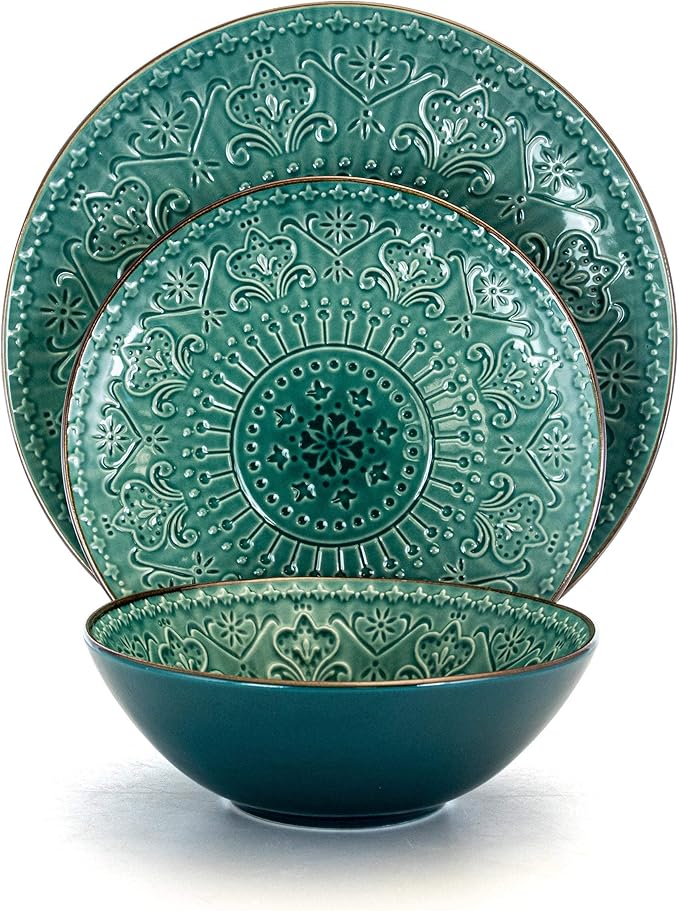 Unknown1 Deep Ocean Mandala 16 Pc Round Stoneware Dinnerware Set in Green Blue Textured Casual Piece Microwave Safe Medium