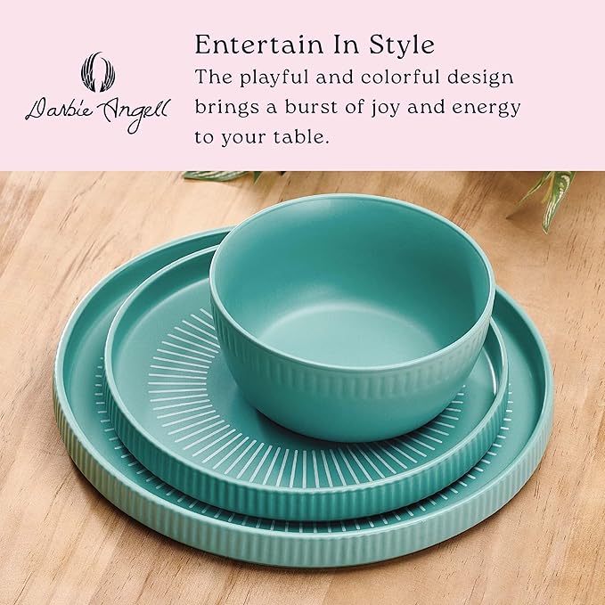 Darbie Angell Mod Teal 12 Piece Durable Stoneware Dinnerware Set Service for 4 Plate and Bowl Set with High Rims Modern Tableware