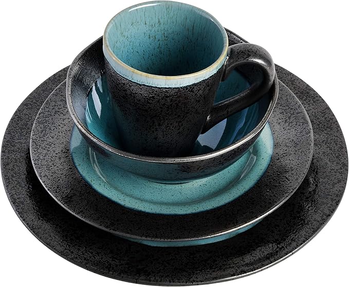 Gibson Elite Dragonstone Round Reactive Glaze Stoneware Dinnerware Set Service for Four (16pcs) Aqua