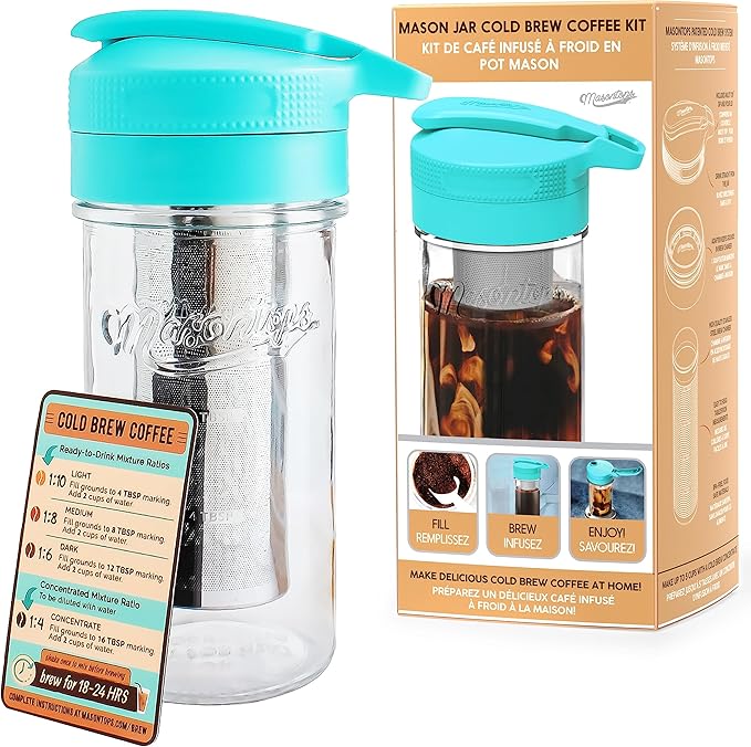 Masontops Cold Brew Makers Kit - Deluxe Iced Coffee Maker with Glass Pitcher &amp Stainless Steel Mesh Filter - Easy Pour Fridge Cold Brewer System