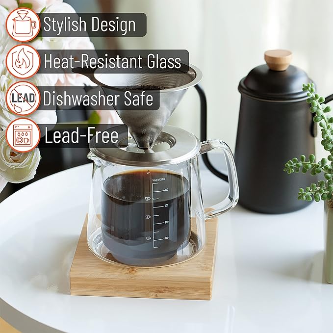 Brew To A Tea BTaT- Pour Over Coffee Maker Set Double Wall Glass 16 oz Drip Coffee Maker Pour Over Permanent Filter