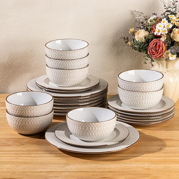 GBHOME Ceramic Dinnerware Sets 24 pcs Embossed Elegant Stoneware Plates and Bowls Sets Housewarming Wedding Gift | Dishwasher &amp Microwave Safe | Dishes Set Service for 8