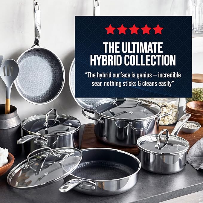 Blue Diamond Hybrid Nonstick Stainless Steel 16 Piece Cookware Set Tri-Ply PFAS-Free Ceramic Diamond Bond Pots &amp Pans Dishwasher &amp Oven Safe to 850F Induction Ready Metal Utensil Safe Sil