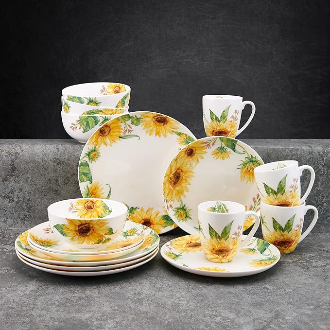 Mikasa Sunflower Bone China Lightweight Chip Resistant 16 Piece Dinnerware Set Service for 4 Multicolor