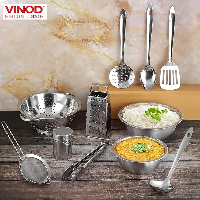 Vinod Stainless Steel Cookware Set 11-Piece Kitchen Starter Set Includes Mixing Bowls Set Stainless Steel Colander| Kitchen Food Strainer 4-Side Grater Serving Spoons Ladle &amp Utility Tongs