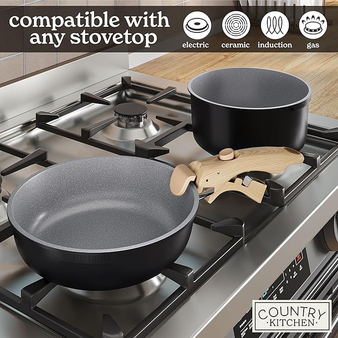 Country Kitchen Cookware Set with Removable Handle Oven &amp RV Safe Pots and Pans Set Black/Grey Wood Handle Original