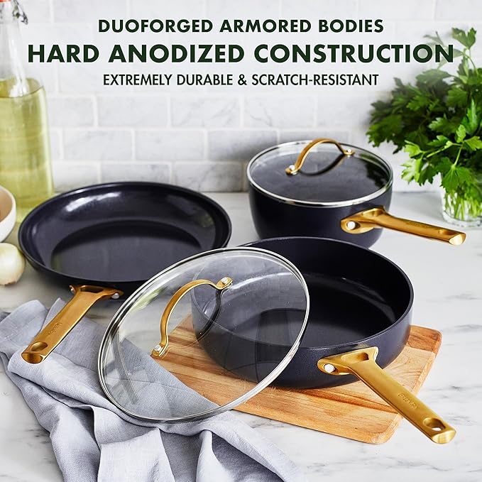 GreenPan Hard Anodized Healthy Ceramic Nonstick 5 Piece Cookware Pots and Pans Set Gold Handle PFAS-Free Dishwasher Safe Oven Safe Black