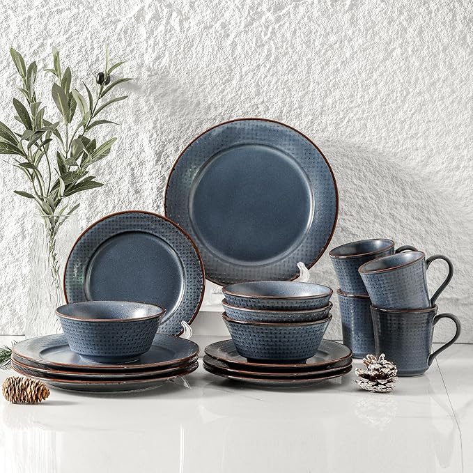 HVH Plates and Bowls Sets 16 Pieces Stoneware Dinnerware Sets Kitchen Dishes Set for 4 Dinner Dessert Plates Cereal Bowls and mugs for Party and Dinner Cross Pattern Farmhouse Style (Dark Blue)