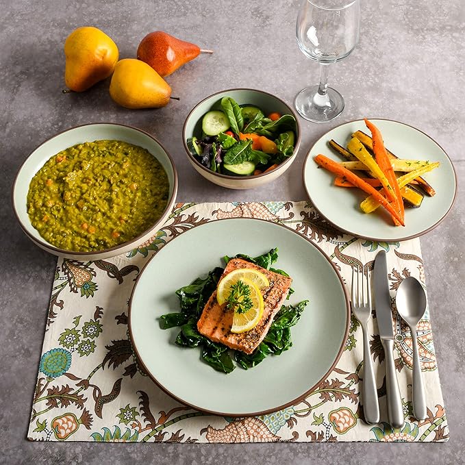Gibson Elite Contempo Classic 16-Piece Double Bowl Dinnerware Set Service for 4 – Mint Stoneware Plates and Bowls