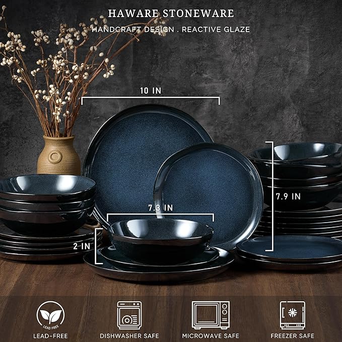 HaWare Plates and Bowls Set Stoneware Dinnerware Sets 18-Piece Hand-painted Dishware for 6 Ceramic Dinner Set for Home Kitchen Microwave and Dishwasher Safe Reactive Starry Blue