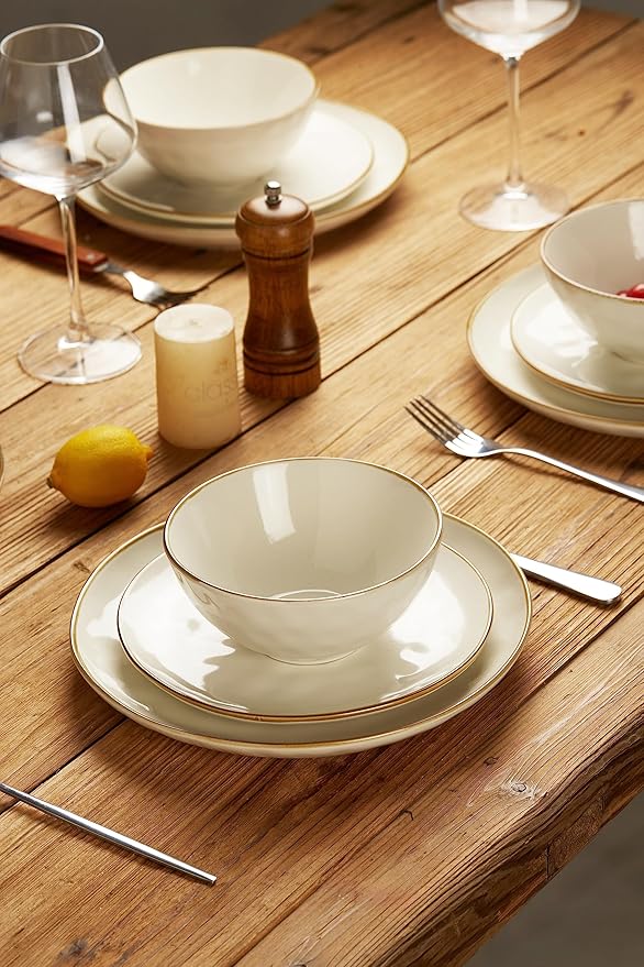 Famiware Ocean Round Plates and Bowls Sets for Kitchen 16-Piece Dinnerware Sets for 4 Microwave and Dishwasher Safe Vanilla White