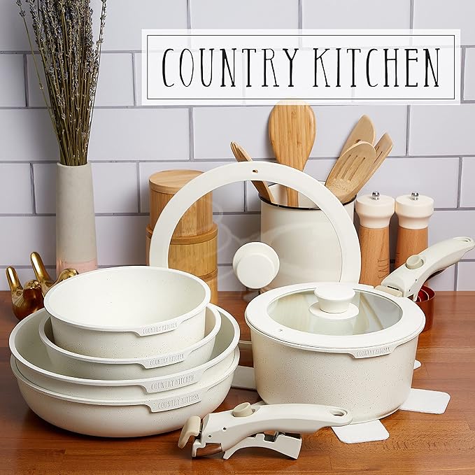 Country Kitchen Cookware &amp Bakeware Bundle- Removable Handle Cookware Set and Vaarious Baking Pans Including Muffin Tins Cookie Sheets Crisper and Loaf Pans