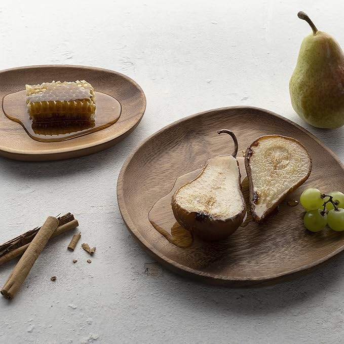 Foree Wooden Dinnerware Set – 4-Piece Acacia Wood Tableware | Large Medium Small Plates &amp Salad Bowl | Handcrafted Solid Wood Serving Set