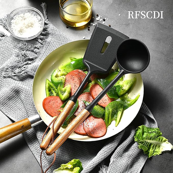 Exquisite Silicone Cooking Utensils Set - Non-Toxic Heat-Resistant Kitchen Utensils Set with Food-Grade Silicone &amp Wood Handles - Includes Spatula &amp Spoon for Non-Stick Cookware Black