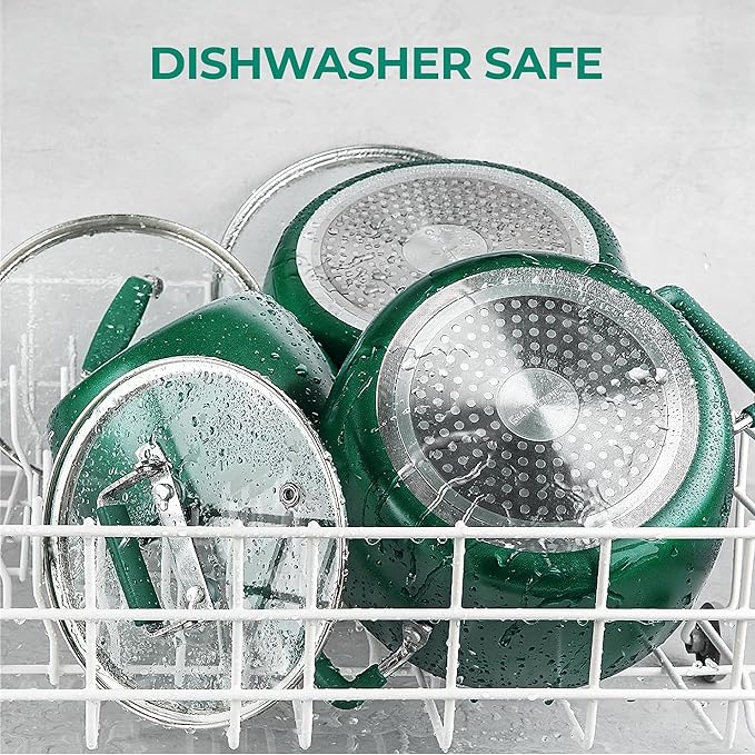 Granitestone Green Pots and Pans Set Nonstick 6 Stackable Piece Cooking Pots Set Kitchen Pots Non Stick Coating 5qt 3qt &amp 1.5qt Pots with Lids Stay Cool Handles Dishwasher Safe 100% Toxin Fre