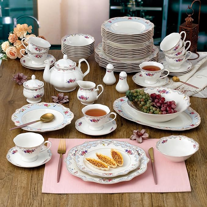 Joseph Sedgh Collection Romantic Bloom 57-Piece Bone China Dinnerware Set Service for 8 Floral with Blue and Gold Trim