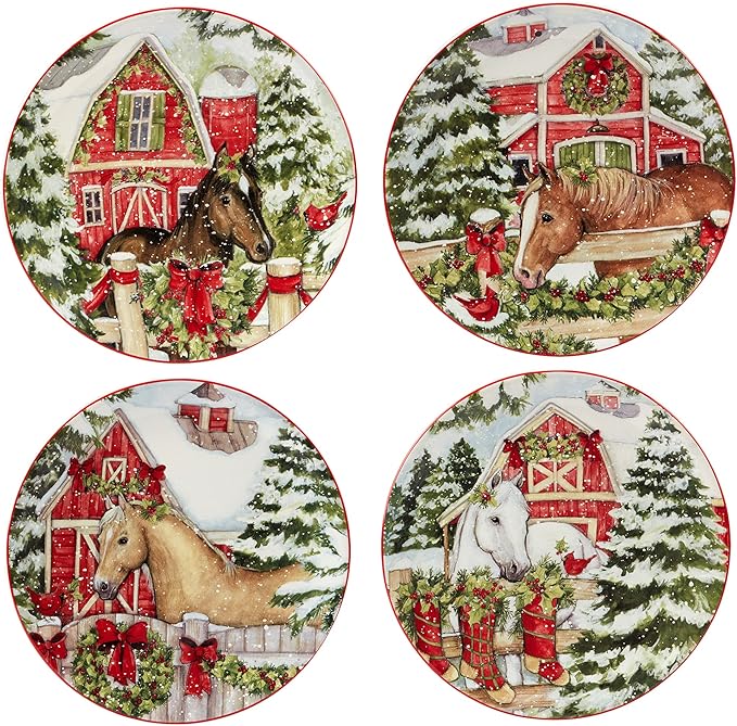 Homestead Christmas 16-Piece Dinnerware Set – Holiday Tableware for 4 with Festive Horse &amp Barn Scenes – Winter Ceramic Plates Bowls &amp Mugs – Farmhouse Country Christmas Décor