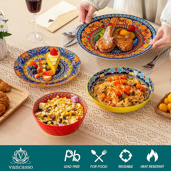 vancasso 24 Pieces Plates and Bowls Set Bohemian Style Dinnerware Sets Service for 6 Porcelain Boho Dishes Set for Kitchen Housewaring Gift Dishwasher and Microwave Safe Series KRVI