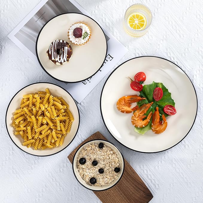 Plates and Bowls Sets for 4 - CJDC-QUELO 16-Piece Stoneware Dinnerware Sets Ceramic Dishware Set for Indoor Kitchen Use and Formal Dining Chip and Scratch Resistant Microwave Dishwasher Safe Ivory