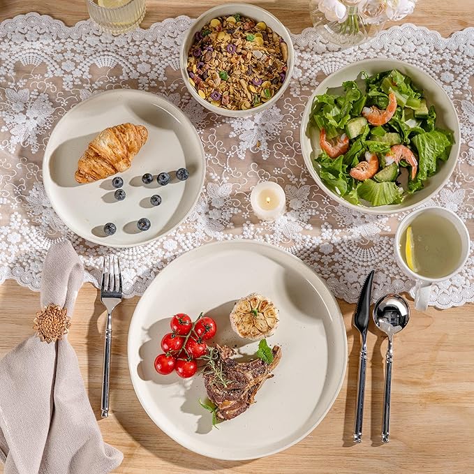 GBHOME 24-Piece Ceramic Dinnerware Set for 6 Handpainted Plates Pasta Bowls &amp Bowls Set with Rustic Terracotta Underside Scratch-Resistant Dishwasher &amp Microwave SafeSpeckled Glaze Beige
