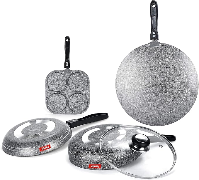 Sumeet NonStick Musta Cookware Set (Mini Multi Snack Maker - 4 Cavity -19.5cm + Frypan with Glass Lid - 1.5Ltr - 22Cm Dia + Tapper pan - 0.6Ltr - 20Cm Dia + Conceve/Roti Tawa - 28Cm Dia)