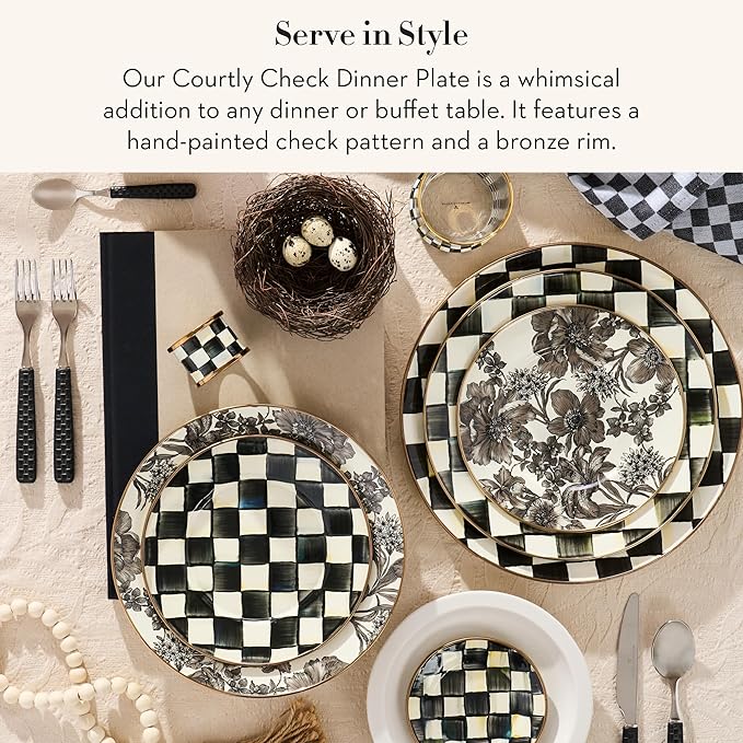 MACKENZIE-CHILDS Enamel Dinner Plate Decorative Dinnerware Plate 10 Inches Set of 1 Black-and-White Courtly Check (Pack of 2)