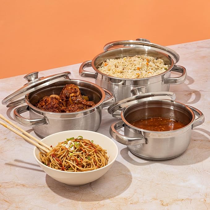 Vinod Bremen Stainless Steel Saucepot Set of 3 with Glass Lid | 2.5mm Thick Base | Riveted Sturdy Handle | | Induction and Gas Base - Silver
