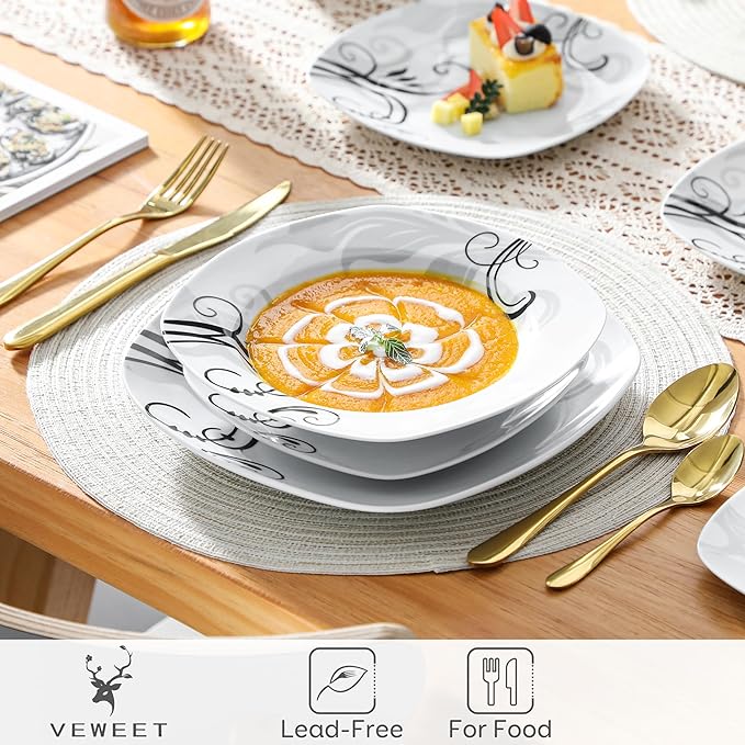 VEWEET 'Zoey' 30-Piece Dinner Set Ivory White Black Decals Porcelain Combination Sets with Cup &amp Saucer Set Stoneware Plate Sets Service for 6 Dishwasher &amp Microwave Safe