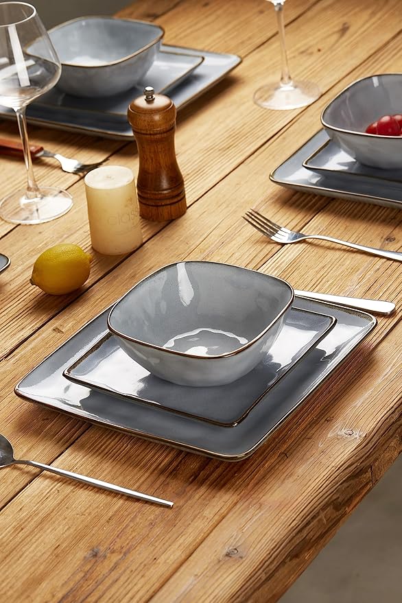 Famiware Ocean Square Plates and Bowls Sets for Kitchen 16-Piece Dinnerware Sets for 4 Reactive Glaze Blue