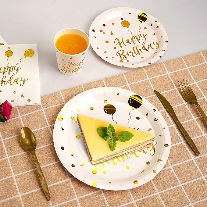 200 pieces of white and gold birthday party supplies disposable happy birthday tableware set gold plastic knives forks spoons straws. Birthday themed tray cup25Guests（white）