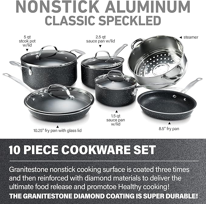 Granitestone Original 10 Piece Nonstick Cookware Set Scratch-Resistant Granite-Coated Dishwasher and Oven-Safe Kitchenware PFOA-Free Pots and Pans As Seen On TV
