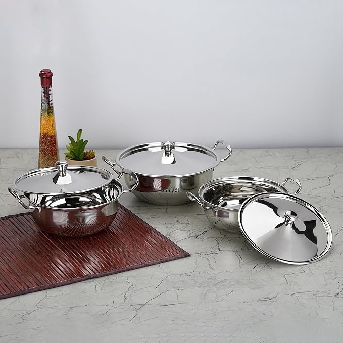 Sumeet Big Size Stainless Steel Cook and Serve Induction Handi Set with Lid and Handle Set of 3Pc 1200ML1650ML &amp 2050ML Silver