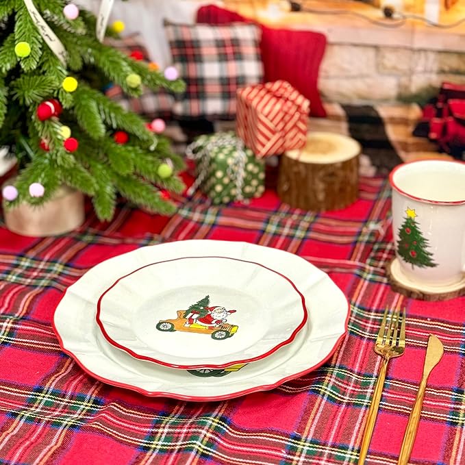 DOMINI 16-Piece Christmas Ceramic Kitchen Dinnerware Set Service for 4 Porcelain Dishes Dinner Set with Dinner Plates Dessert Platescups and Pasta BowlsRound-White Christmas