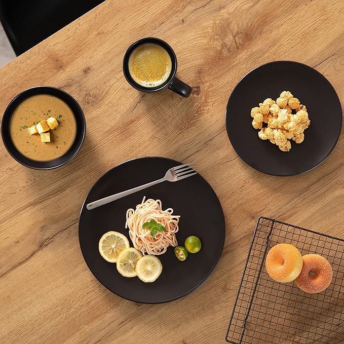 Rimmed Dinnerware Set | Mugs Salad and Dinner Plates and Bowls Sets Dishes with Highly Chip and Crack Resistant Dishwasher and Microwave Safe (Black Service For 8)
