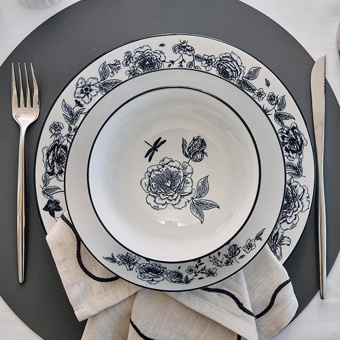 Stone Lain Esme 16-Piece Dinnerware Set Porcelain Plates and Bowls Set Dish Set for 4 Cereal and Pasta Bowls Microwave and Dishwasher Safe Black