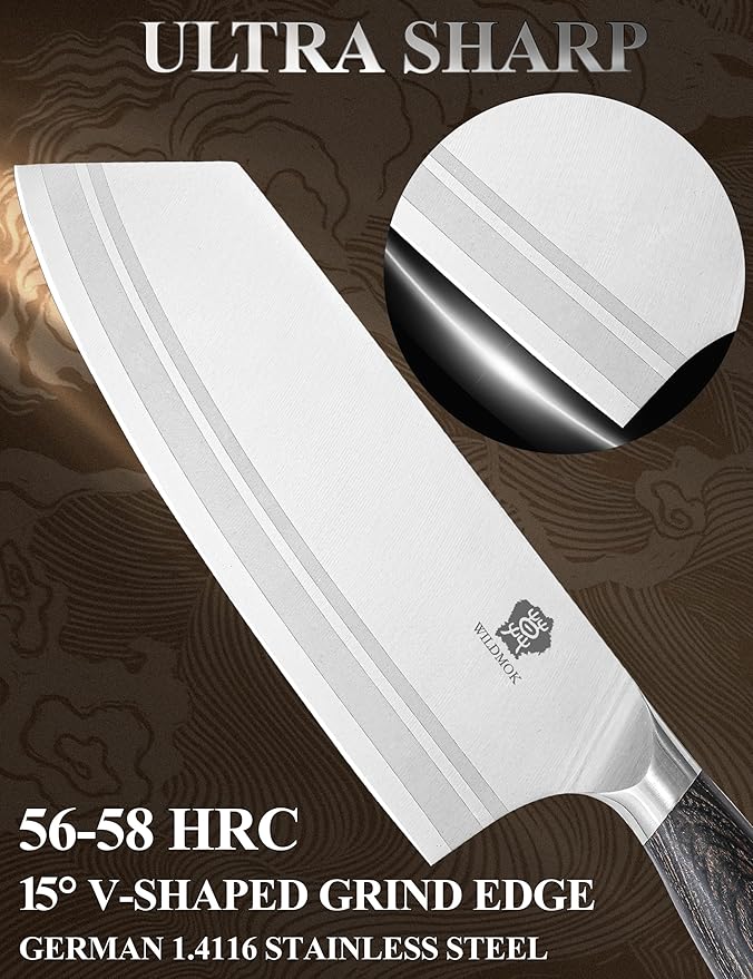 WILDMOK Meat Cleaver Knife 7.8 Inch Ultra Sharp Chinese Chef's Knives - Kitchen Chopping Knife German Steel &amp Ergonomic Handle for Meat Cutting Vegetable Slicing