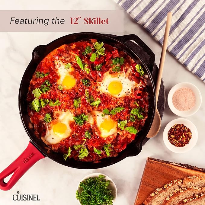 Cuisinel Cast Iron Cookware Set - 6-Pieces Pre-Seasoned Kit: 10+12 Skillet + Glass Lids + Pizza Pan + Pan Rack Organizer + Silicone Handle Covers + Scraper/Cleaner - Grill Camping Indoor/Outdoor