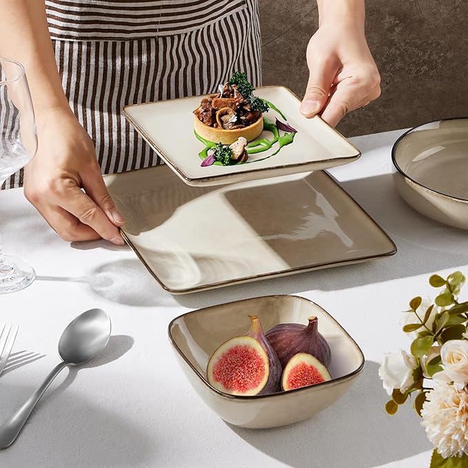 E-far Square plates and bowls Sets for 6 18-Piece Reactive Glaze Stoneware Dinnerware Sets Porcelain Dishware Sets for Kitchen Home Microwave &amp Dishwasher Safe Sandy Beige