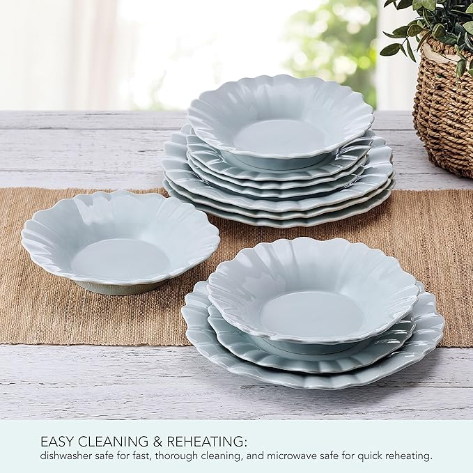 Pfaltzgraff Graceful Petals 12 Piece Stoneware Dinnerware Set Service for 4 Scalloped Plates Bowls for Everyday Use Blue