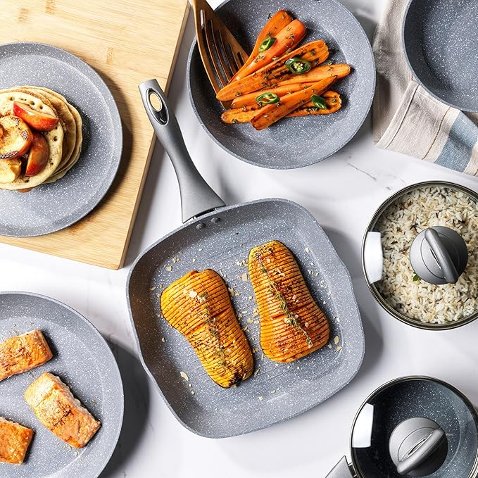 Salter Marblestone 4 Piece Cooking Set – 16cm 18cm 20cm Saucepans with Lids 24cm Frying Pan Non-Stick Corrosion Resistant Forged Aluminium PFOA-Free Suitable for All Hobs Dishwasher Safe