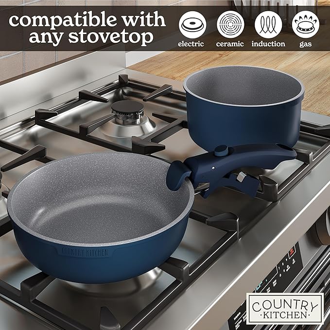 Country Kitchen Cookware Set with Removable Handle Oven &amp RV Safe Pots and Pans Set Denim Original