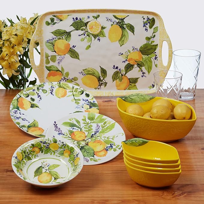 Lemon Zest 12-Piece Melamine Dinnerware Set Service for 4 – Unbreakable Outdoor Plates &amp Bowls for Patio Dining Summer BBQs Poolside Meals Picnics Everyday Family Use &amp Entertaining