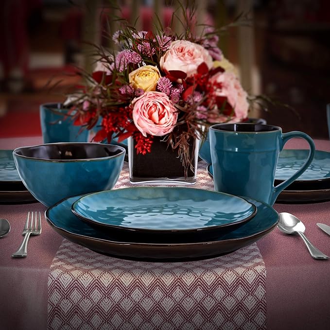 Elama Sea Glass 16 Piece Round Stoneware Dinnerware Set in Turquoise