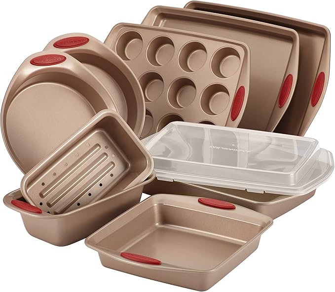 Rachael Ray Cucina Dishwasher Safe Hard Anodized Nonstick Cookware Pots and Pans Set 12 Piece Gray with Orange Handles &amp Cucina Nonstick Bakeware Set 10 Piece Latte Brown with Cranberry Red Gr